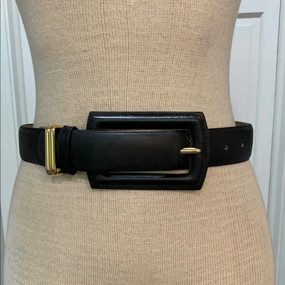 Genuine leather black wide belt with oversized buckle